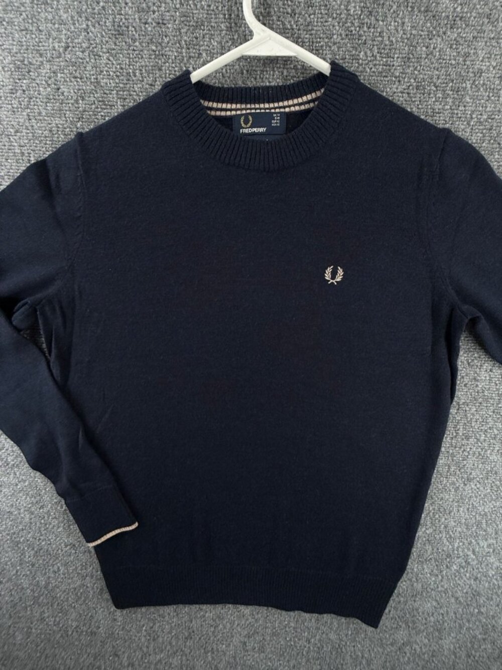 Fred Perry Women Knit Sweater Navy Blue USA Size 10 Crew Mock All Merino Wool